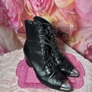 BAMBOO Black Lace-Up Ankle Boots with Silver Cap Toe